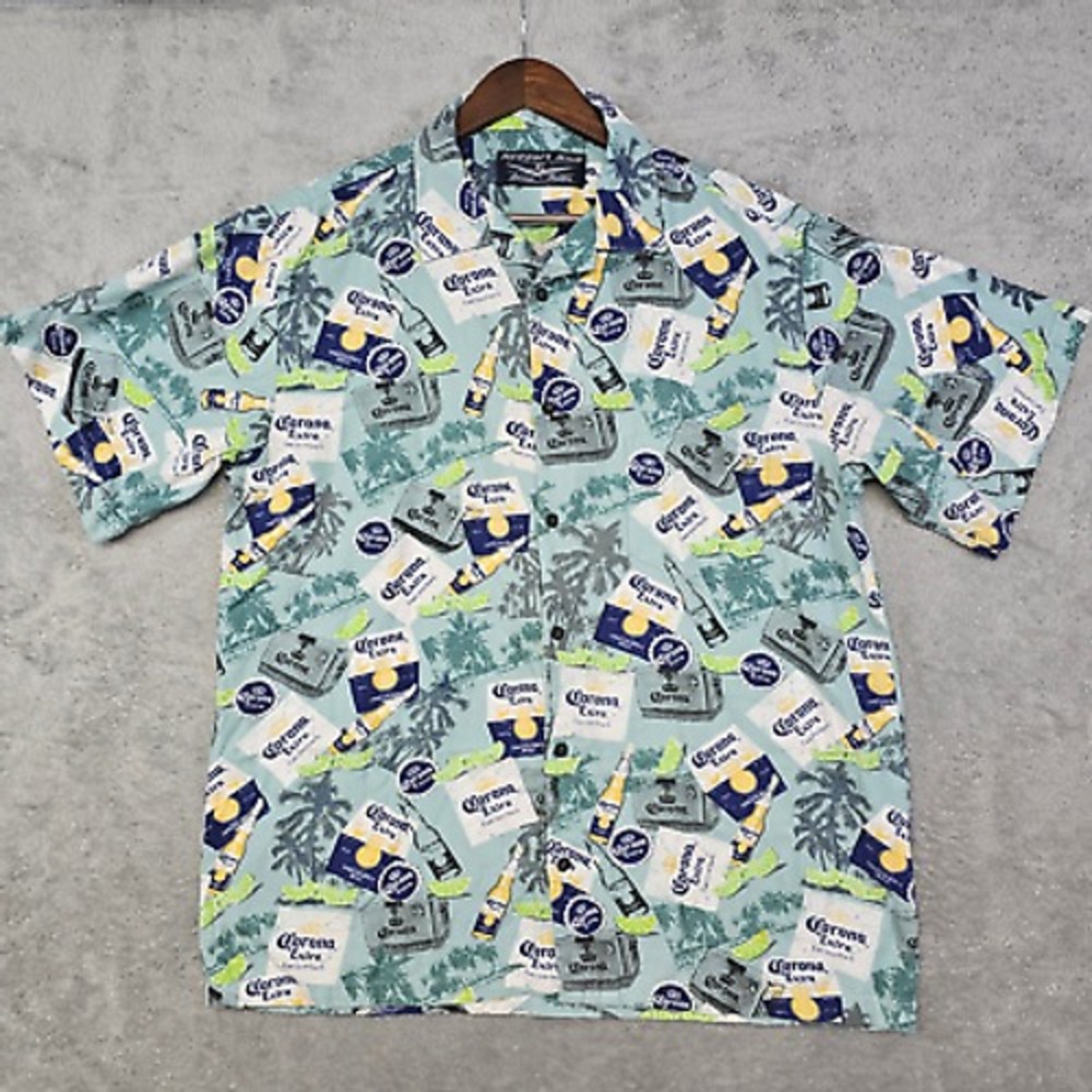 Newport Blue Corona Extra Beer Hawaiian Shirt XL Tropical Palm‎ Trees Vacation